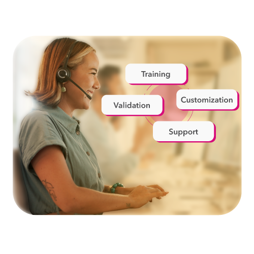 Customer support representative wearing a headset, ready to assist.