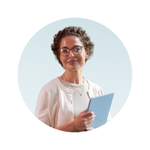 Confident hiring manager holding a tablet.